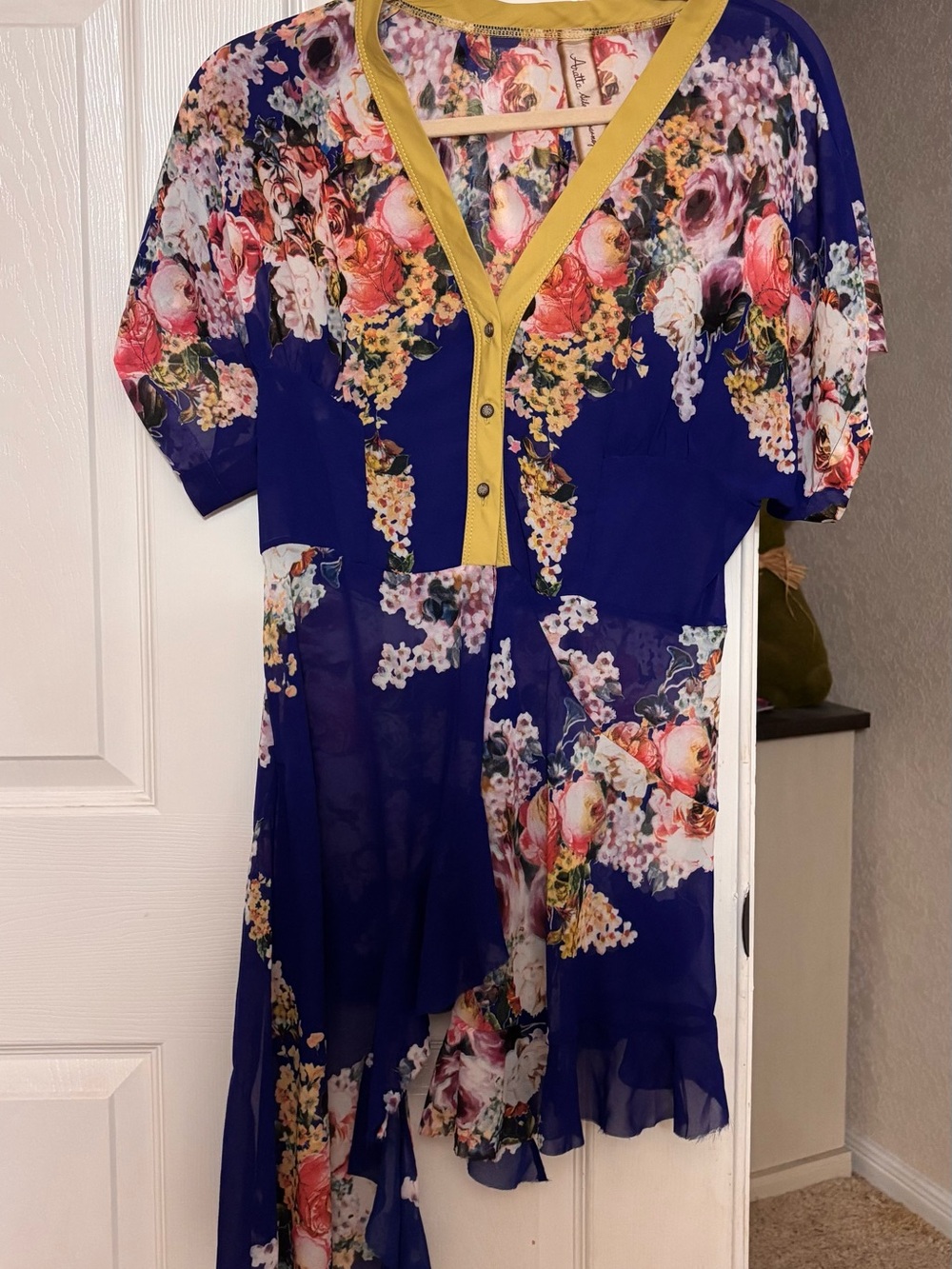 Aratta Blue Floral V-Neck Blouse with Yellow Trim